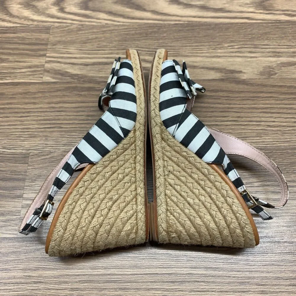 Kate‎ Spade Sandals 8.5 Black White Boardwalk Espadrille Slingback Stripes Wedge